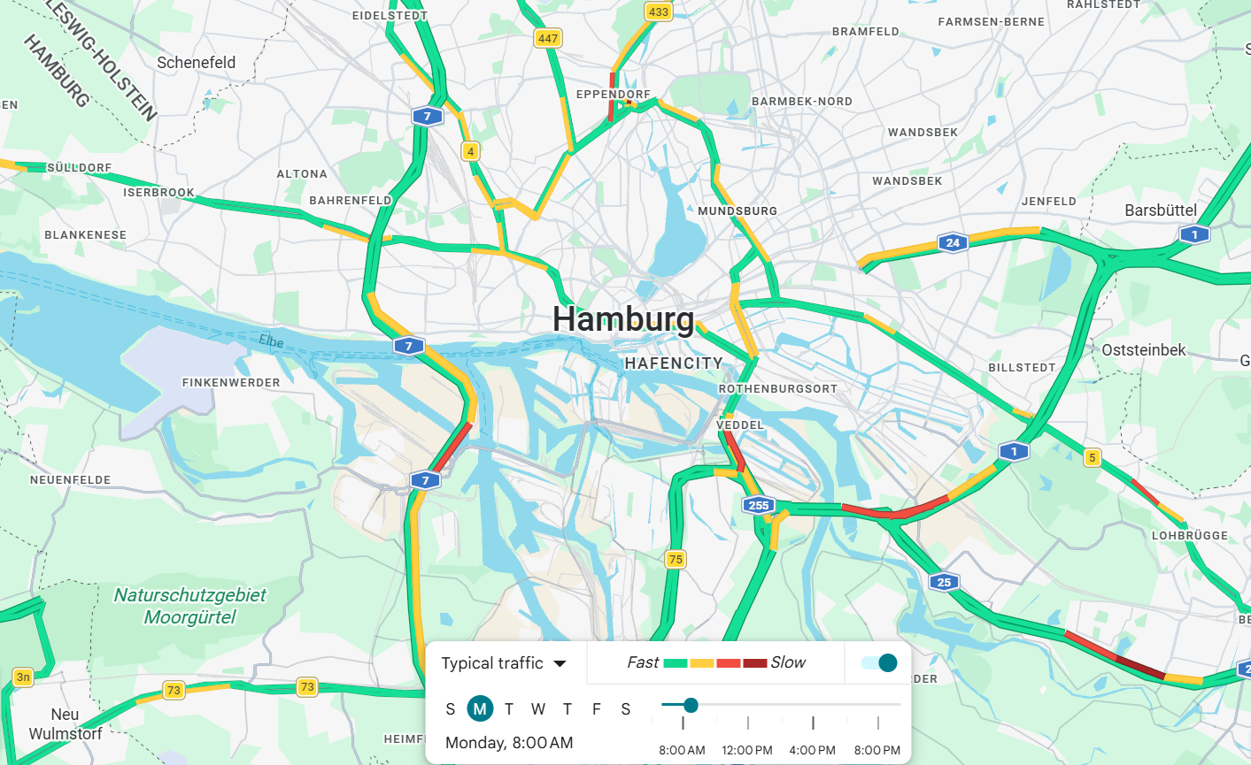 Hamburg traffic layer at 08:00, morning peak