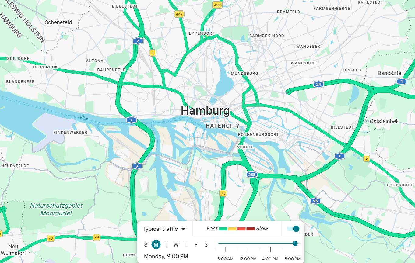 Hamburg traffic layer at 21:00, evening