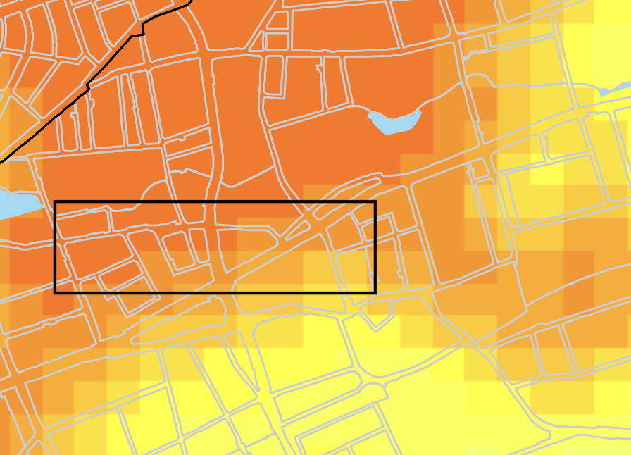 Heat map showing surface temperature distribution across Wandsbek Markt